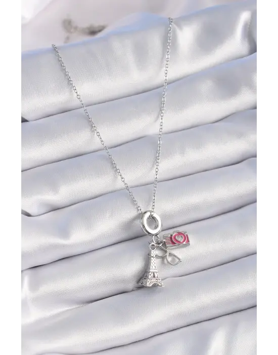  Gümüş  Eyfel Kule Fotoğraf Makinesi Model Charm  Çelik Kolye