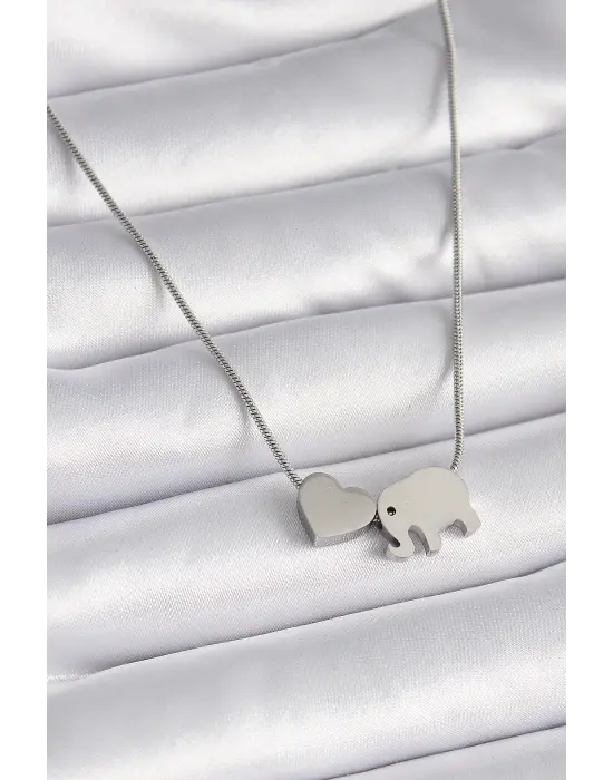  Gümüş  Fil Kalp Figürlü  Çelik Kolye