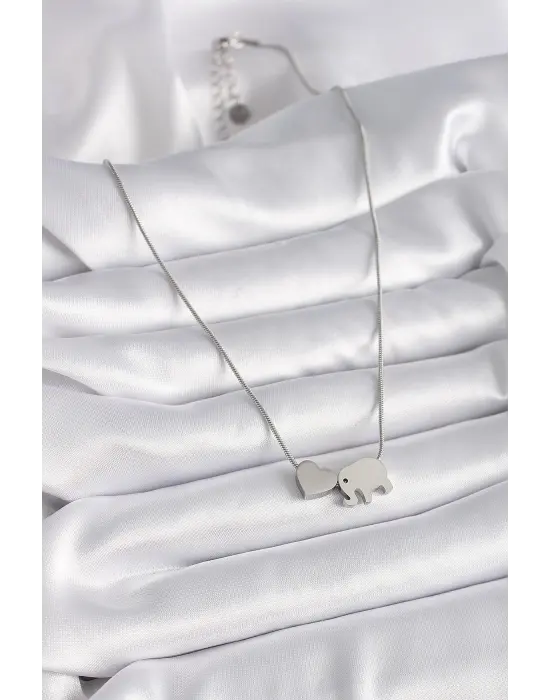  Gümüş  Fil Kalp Figürlü  Çelik Kolye