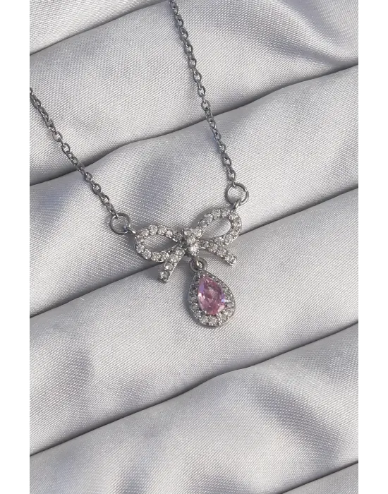  Gümüş  Fiyonk Detay Pembe Zirkon Taşlı Damla Çelik Kolye