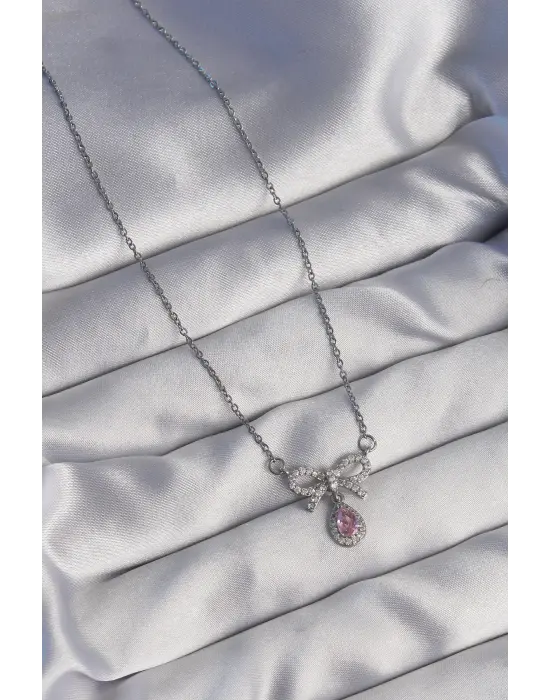  Gümüş  Fiyonk Detay Pembe Zirkon Taşlı Damla Çelik Kolye