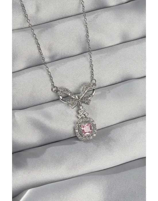  Gümüş  Fiyonk Detay Pembe Zirkon Taşlı Tektaş Çelik Kolye