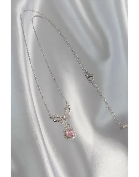  Gümüş  Fiyonk Detay Pembe Zirkon Taşlı Tektaş Çelik Kolye