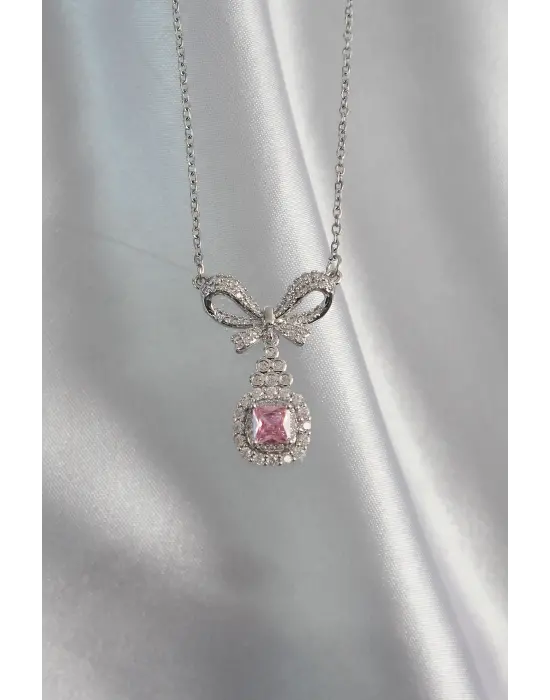  Gümüş  Fiyonk Detay Pembe Zirkon Taşlı Tektaş Çelik Kolye