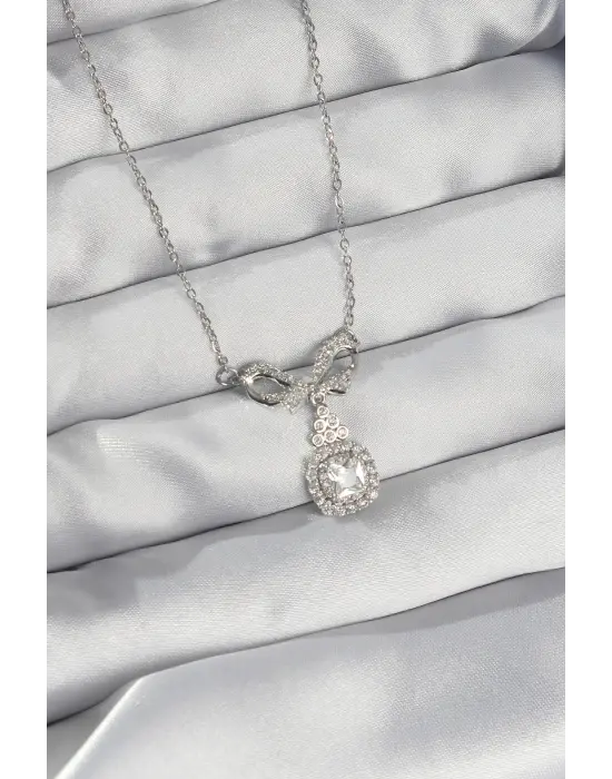  Gümüş  Fiyonk Detay Zirkon Taşlı Tektaş Çelik Kolye