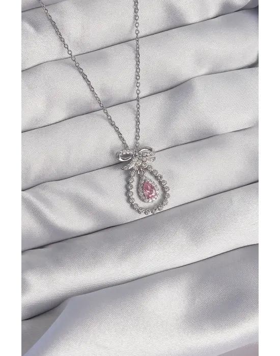  Gümüş  Fiyonk Detaylı Pembe Zirkon Taşlı Damla Model Çelik Kolye