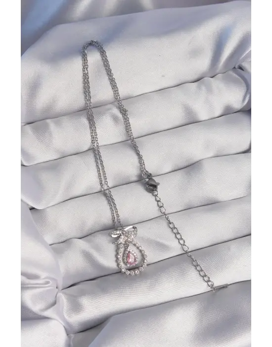  Gümüş  Fiyonk Detaylı Pembe Zirkon Taşlı Damla Model Çelik Kolye