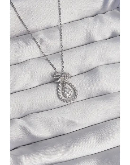  Gümüş  Fiyonk Detaylı Zirkon Taşlı Damla Model Çelik Kolye