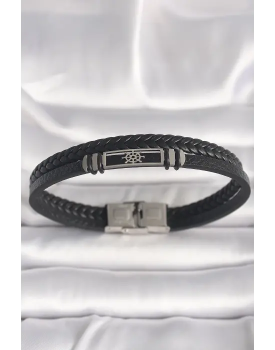 316L Çelik Gümüş Renk Gemi Dümeni Figür Siyah Burgu Deri Kordon Model Erkek Bileklik
