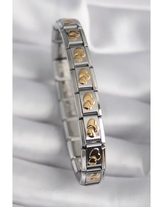 316L Çelik Gümüş Renk Gold Kalp İşleme Nomination Model Kadın Bileklik