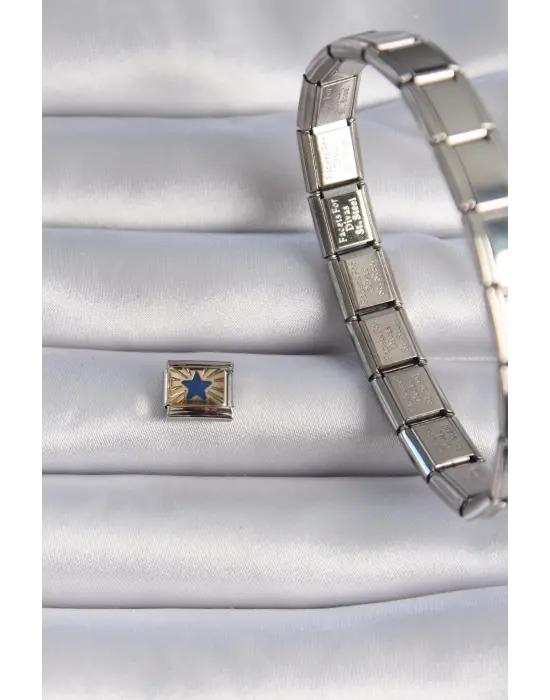 316L. Çelik Gümüş Renk Gold Mavi Yıldız İşlemeli Nomination Charm