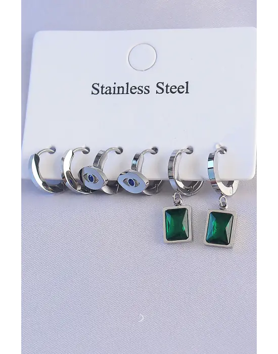   Gümüş Göz Detay Oval Tasarım Yeşil Zirkon Taşlı Kare Model Küpe Seti