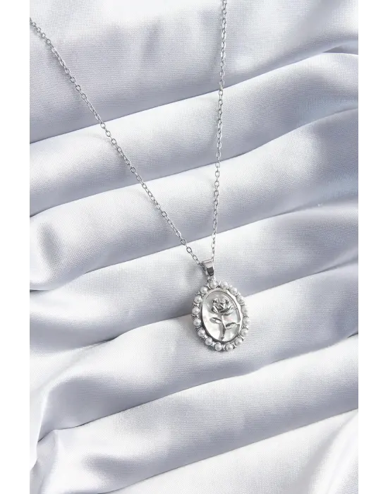  Gümüş  Gül Model İnci Detay  Çelik Kolye