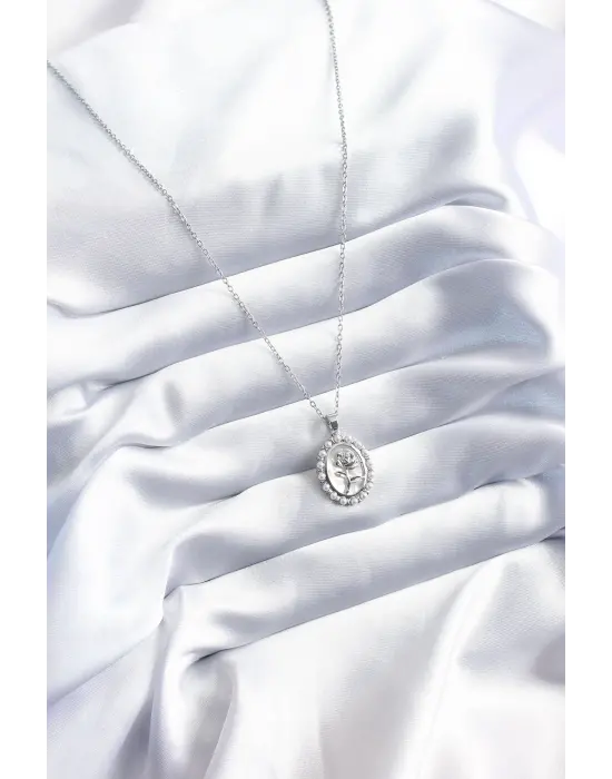  Gümüş  Gül Model İnci Detay  Çelik Kolye