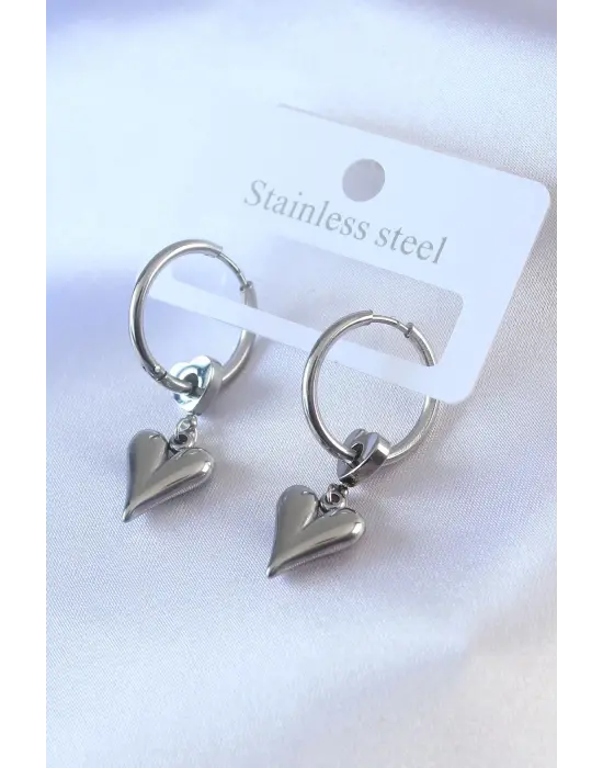 316L Çelik Gümüş Renk Halka Kalp Model Kadın Küpe
