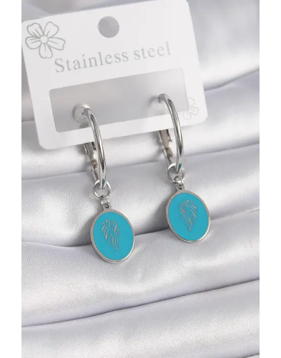   Gümüş Halka Model Mavi İşlemeli Detay Çelik Küpe