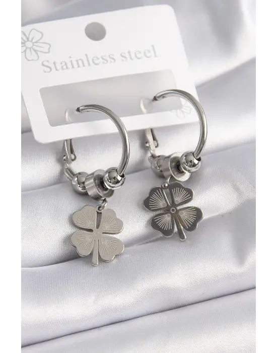   Gümüş Halka Model Yonca Figür Çelik Küpe