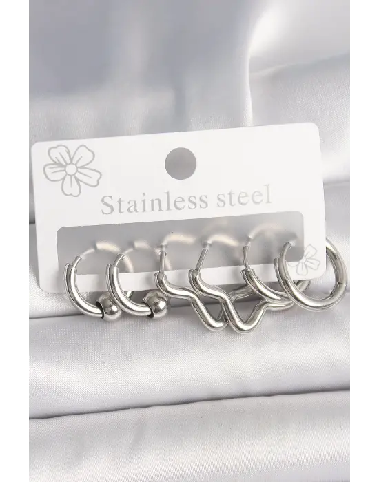 316L Çelik Gümüş Renk Halka Yıldız Model Kadın Küpe Seti