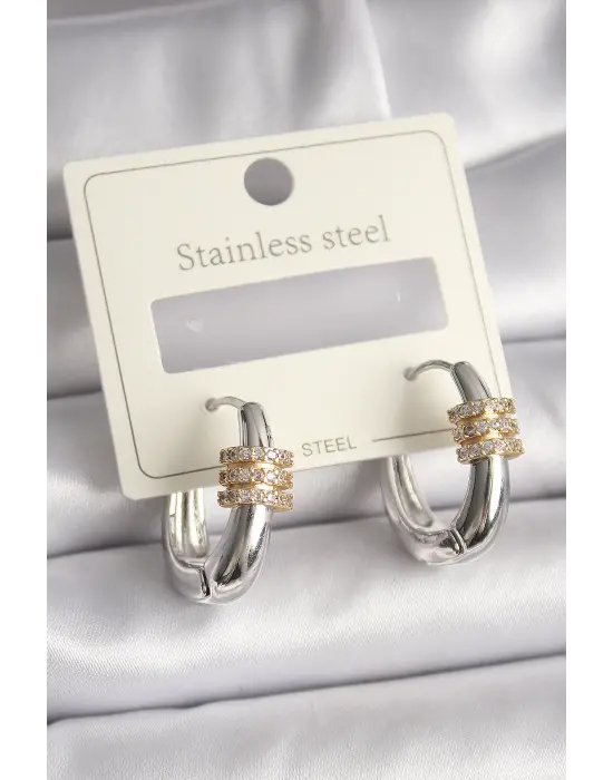   Gümüş Halka Zirkon Gold Zirkon Taşlı Çelik Küpe