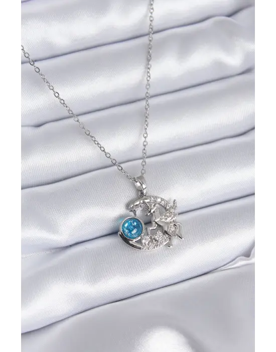  Gümüş  Hilal Ay Model Tek Boynuzlu At Model Zirkon Taş Detay  Çelik Kolye