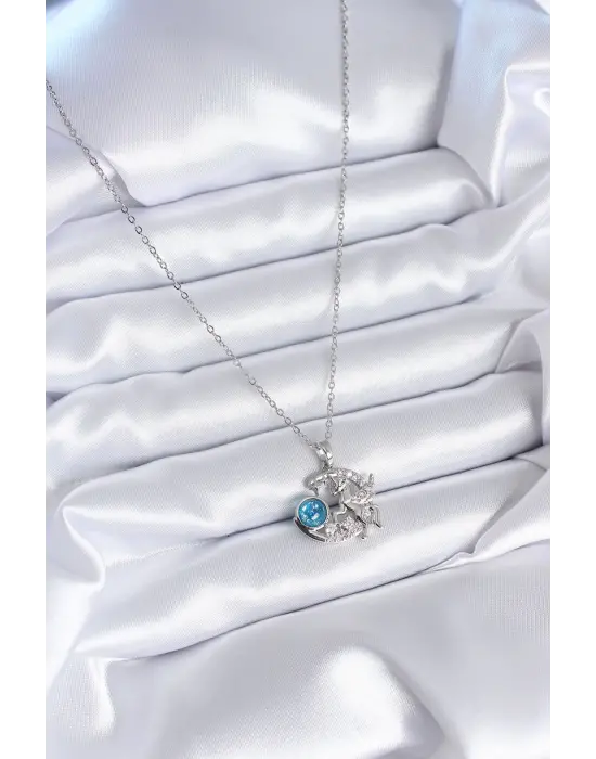  Gümüş  Hilal Ay Model Tek Boynuzlu At Model Zirkon Taş Detay  Çelik Kolye