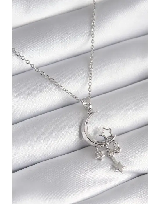  Gümüş  Hilal Figür Zirkon Taşlı Yıldız Detay  Çelik Kolye
