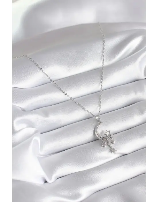  Gümüş  Hilal Figür Zirkon Taşlı Yıldız Detay  Çelik Kolye