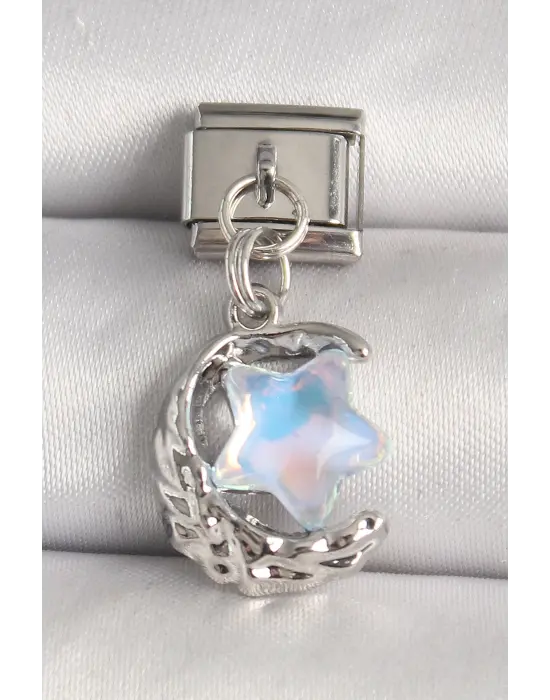 316L Çelik Gümüş Renk Hilal Mavi Mineli Yıldız Model Nomination Charm