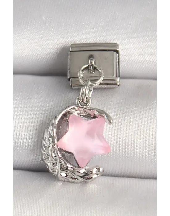 316L Çelik Gümüş Renk Hilal Pembe Mineli Yıldız Model Nomination Charm