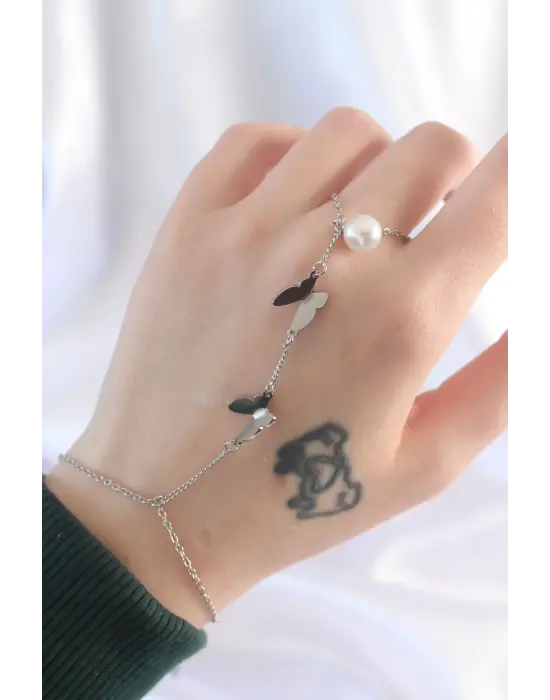 316L Çelik Gümüş Renk İnci Detay Kelebek Tasarımlı Şahmeran