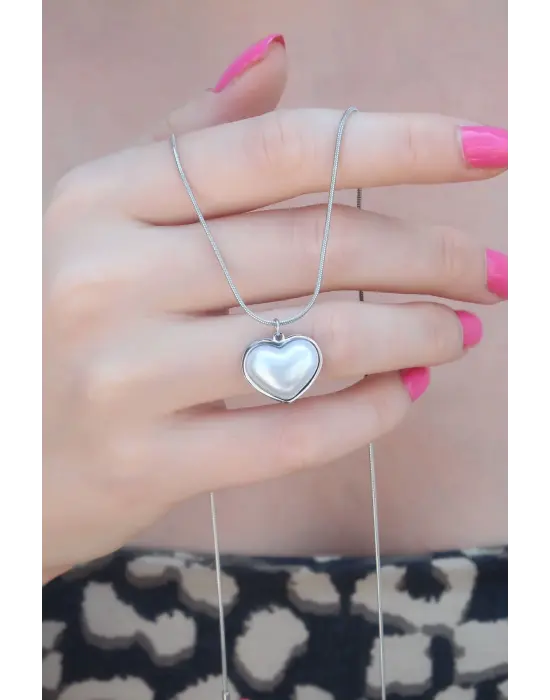 316L Çelik Gümüş Renk İnci Kalp Model Kadın Kolye
