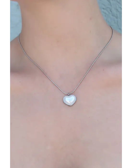 316L Çelik Gümüş Renk İnci Kalp Model Kadın Kolye