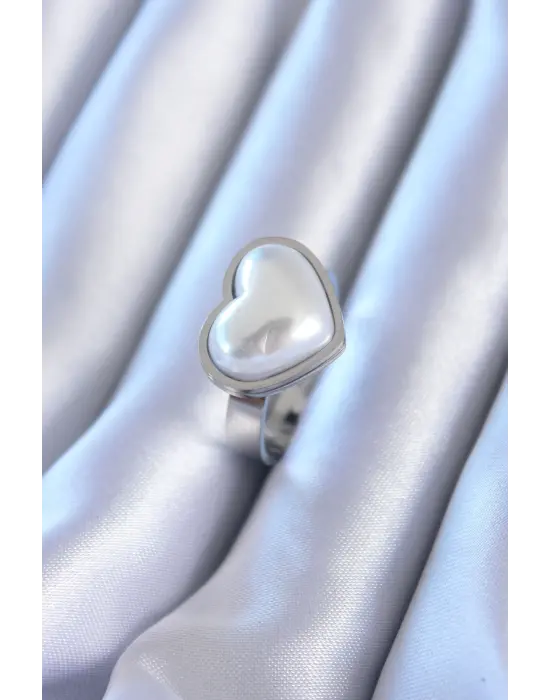 316L Çelik Gümüş İncili Kalp Model Çelik Yüzük