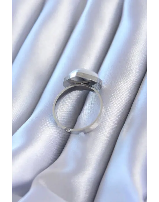 316L Çelik Gümüş İncili Kalp Model Çelik Yüzük