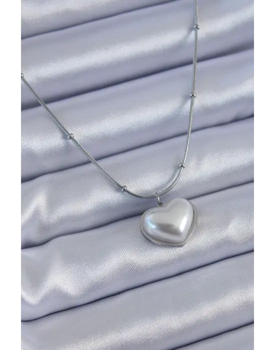  Gümüş  İncili Kalp Model Minimal Top Detay  Çelik Kolye