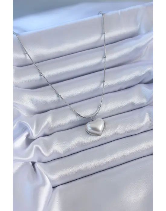  Gümüş  İncili Kalp Model Minimal Top Detay  Çelik Kolye