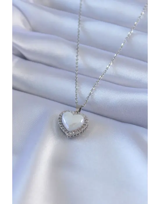  Gümüş  İncili Kalp Model Zirkon Taşlı  Çelik Kolye