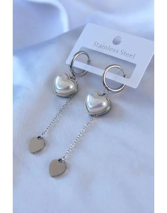 316L Çelik Gümüş Renk İncili Kalp Sallantı Model Kadın Küpe