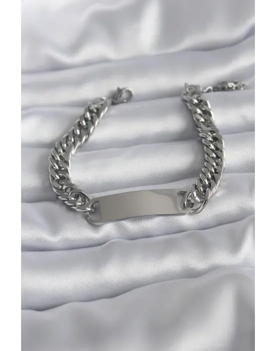 316L Çelik Gümüş Renk İsim Yazılabilir Plaka Model Kadın Bileklik