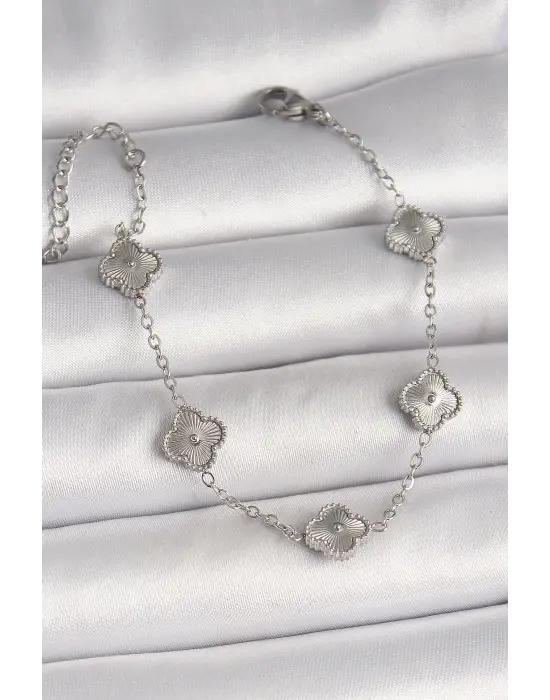 316L Çelik Gümüş Renk İşlemeli Yonca Model Kadın Bileklik