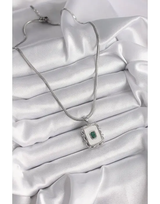  Gümüş  İtalyan Zincir Beyaz Sedefli Kare Portre Model Zümrüt Taş Detay  Çelik Kolye