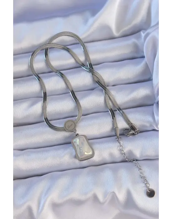  Gümüş  İtalyan Zincir Ezme Taşlı Çelik Kolye