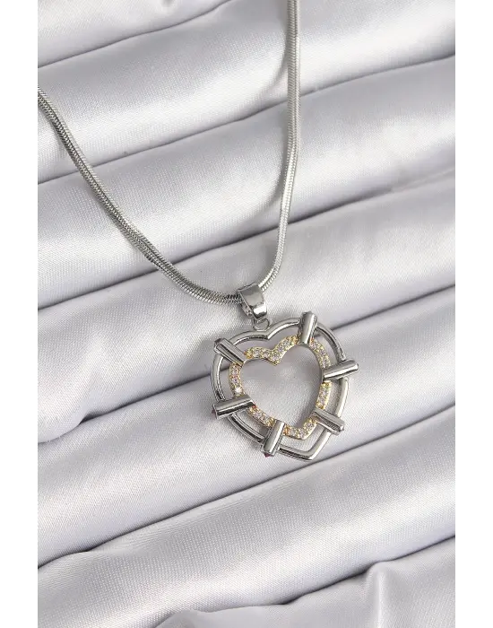  Gümüş  İtalyan Zincir Mix  Zirkon Taş Detay Kalp Model  Çelik Kolye