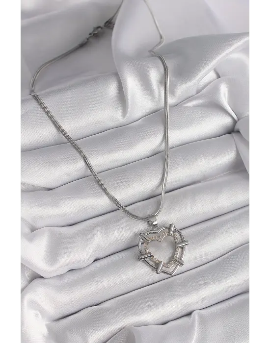  Gümüş  İtalyan Zincir Mix  Zirkon Taş Detay Kalp Model  Çelik Kolye