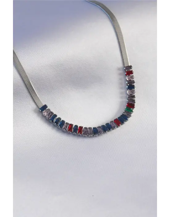  Gümüş  İtalyan Zincir Model li Zirkon Taşlı  Çelik Kolye