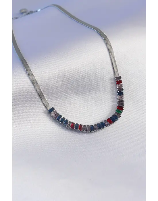  Gümüş  İtalyan Zincir Model li Zirkon Taşlı  Çelik Kolye