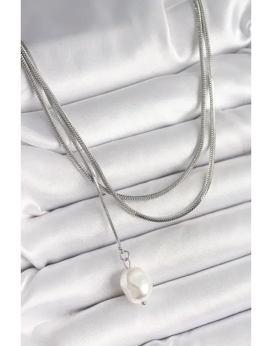 316L Çelik Gümüş Renk İtalyan Zincir Model Sallantı İnci Figür Kadın Kolye