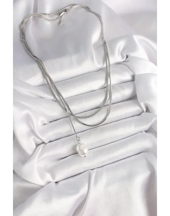 316L Çelik Gümüş Renk İtalyan Zincir Model Sallantı İnci Figür Kadın Kolye