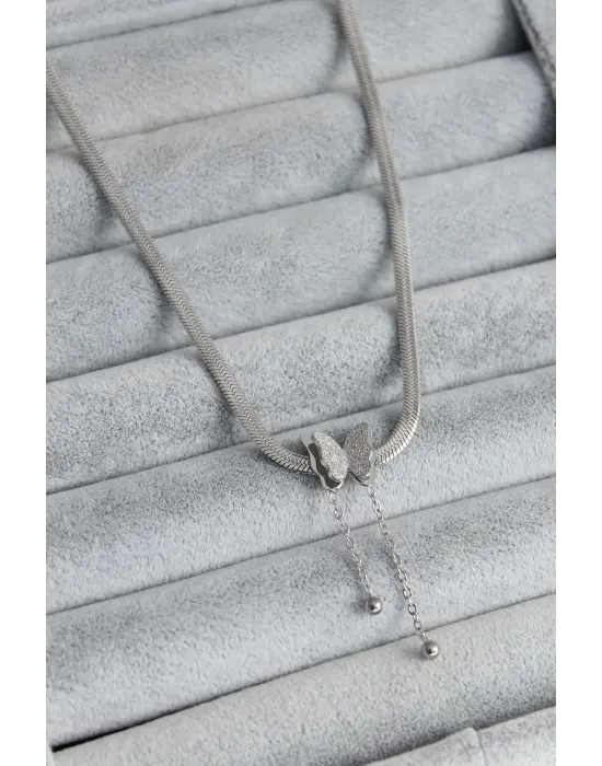  Gümüş  İtalyan Zincir Model Simli Kelebek Figür  Çelik Kolye