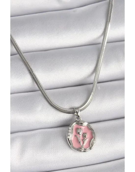  Gümüş  İtalyan Zincir Pembe Çiçek Madalyon Model  Çelik Kolye